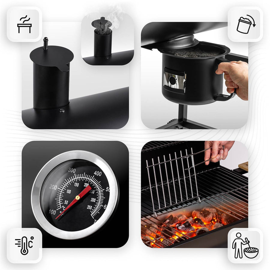 Kulgrill i tøndeform med skorsten, termometer, foldbare sidehylder og askeskuffe – sort