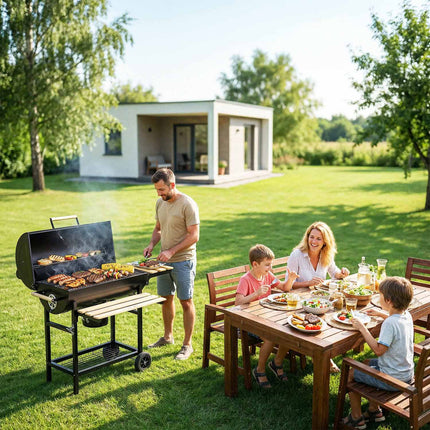 Kulgrill i tøndeform med skorsten, termometer, foldbare sidehylder og askeskuffe – sort