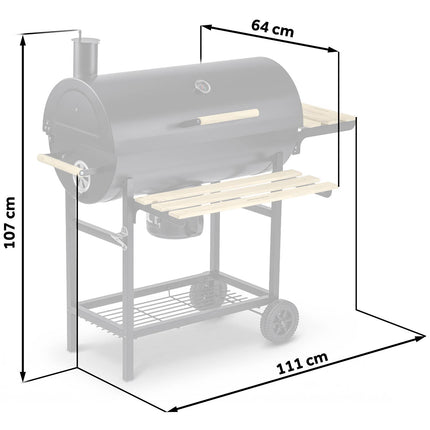 Kulgrill i tøndeform med skorsten, termometer, foldbare sidehylder og askeskuffe – sort