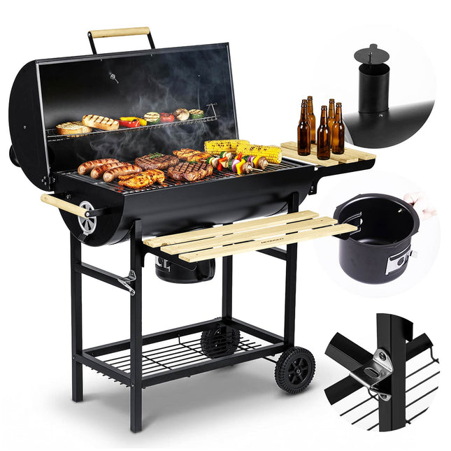 Kulgrill i tøndeform med skorsten, termometer, foldbare sidehylder og askeskuffe – sort