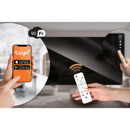 Infrarødt varmepanel 720 W med WiFi, app og fjernbetjening, glasfront, touchstyring og timer – sort