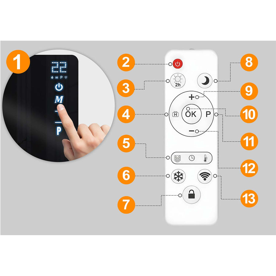 Infrarødt varmepanel 720 W med WiFi, app og fjernbetjening, glasfront, touchstyring og timer – sort