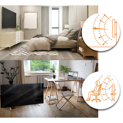 Infrarødt varmepanel 720 W med WiFi, app og fjernbetjening, glasfront, touchstyring og timer – sort
