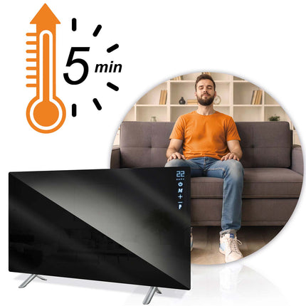 Infrarødt varmepanel 720 W med WiFi, app og fjernbetjening, glasfront, touchstyring og timer – sort