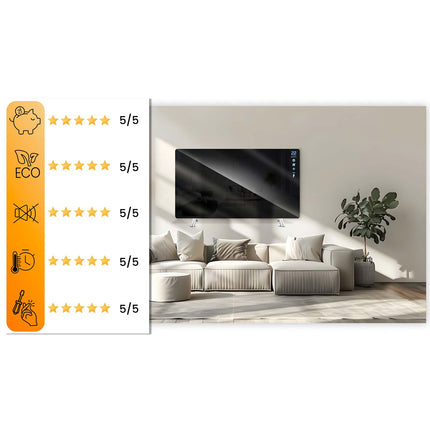 Infrarødt varmepanel 720 W med WiFi, app og fjernbetjening, glasfront, touchstyring og timer – sort