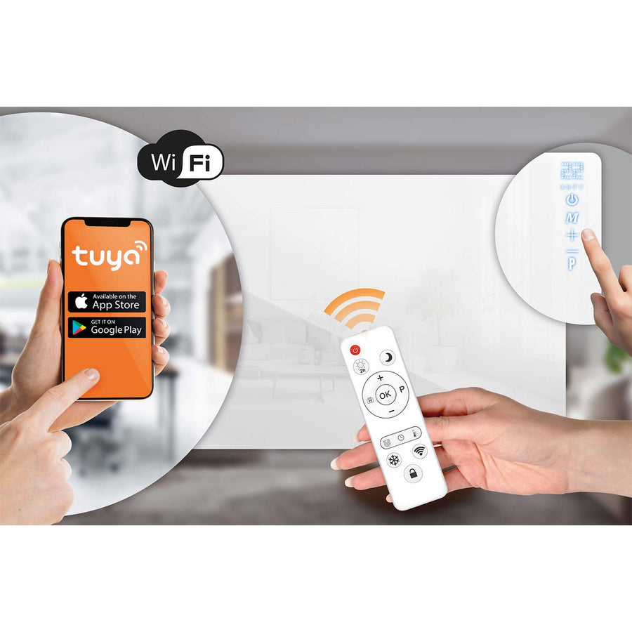 Infrarødt varmepanel 720 W med WiFi, app og fjernbetjening, glasfront, touchstyring og timer – hvid
