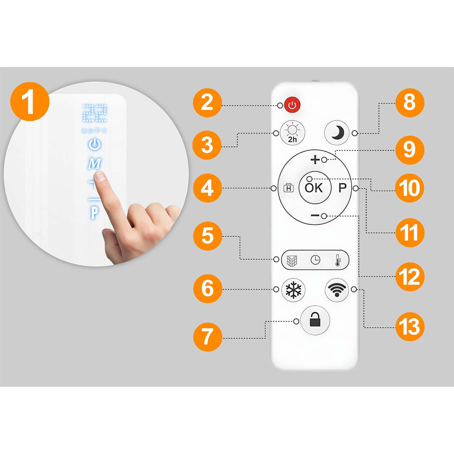 Infrarødt varmepanel 720 W med WiFi, app og fjernbetjening, glasfront, touchstyring og timer – hvid