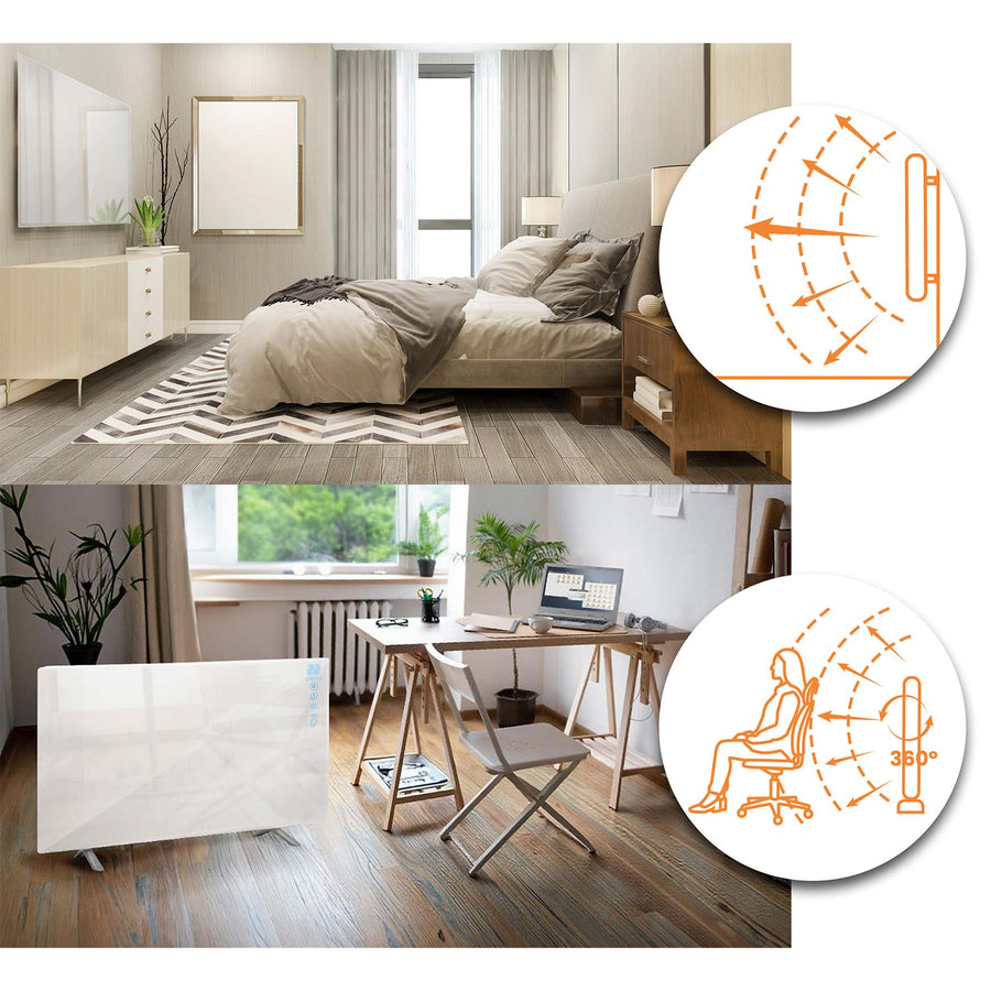 Infrarødt varmepanel 720 W med WiFi, app og fjernbetjening, glasfront, touchstyring og timer – hvid