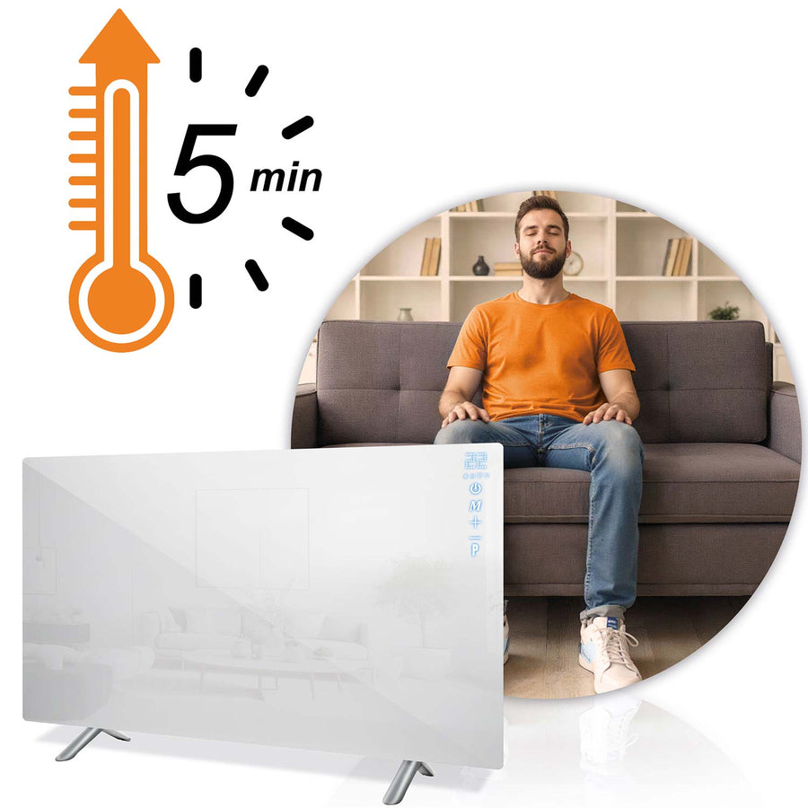 Infrarødt varmepanel 720 W med WiFi, app og fjernbetjening, glasfront, touchstyring og timer – hvid