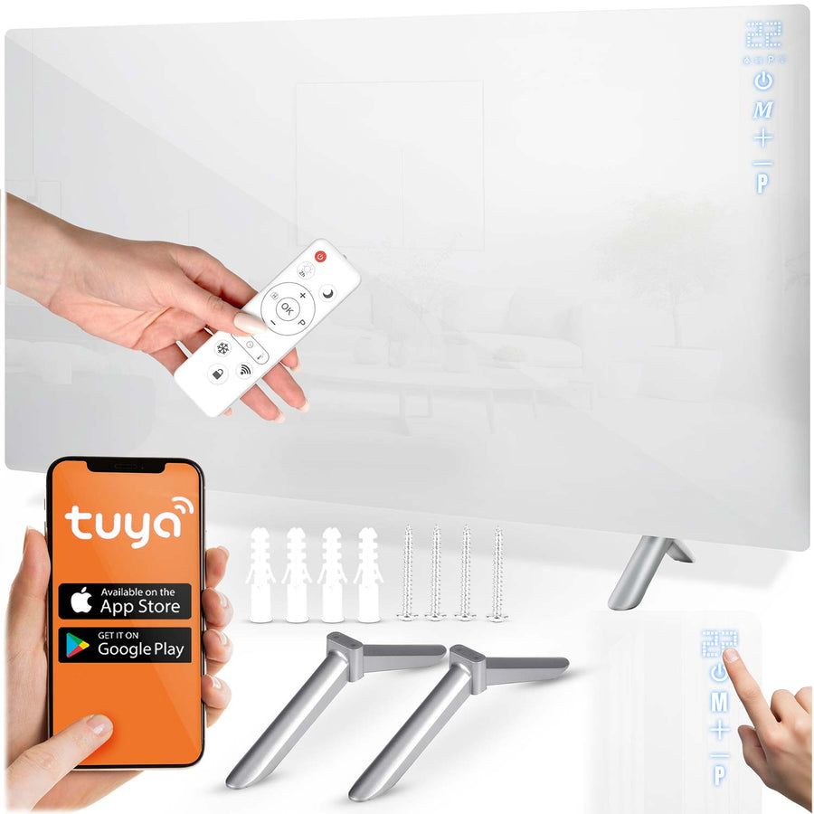 Infrarødt varmepanel 720 W med WiFi, app og fjernbetjening, glasfront, touchstyring og timer – hvid