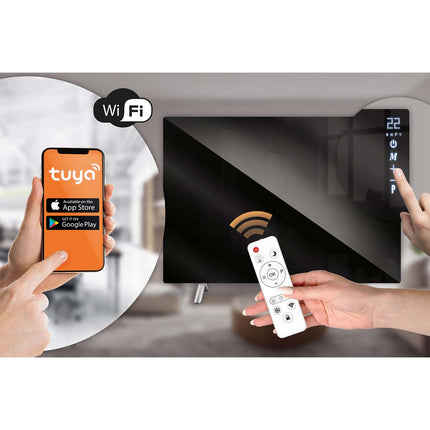 Infrarødt varmepanel 600 W med WiFi, app og fjernbetjening, glasfront, touchstyring og timer – sort
