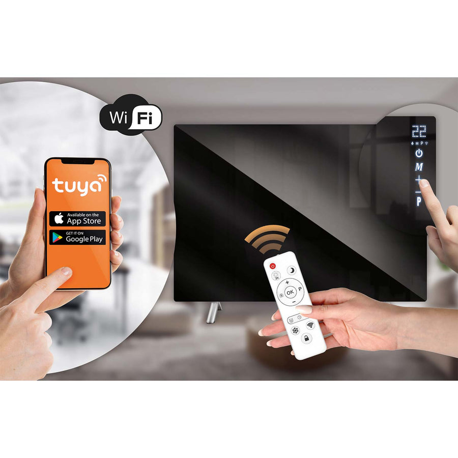 Infrarødt varmepanel 600 W med WiFi, app og fjernbetjening, glasfront, touchstyring og timer – sort