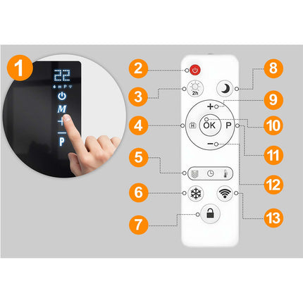 Infrarødt varmepanel 600 W med WiFi, app og fjernbetjening, glasfront, touchstyring og timer – sort