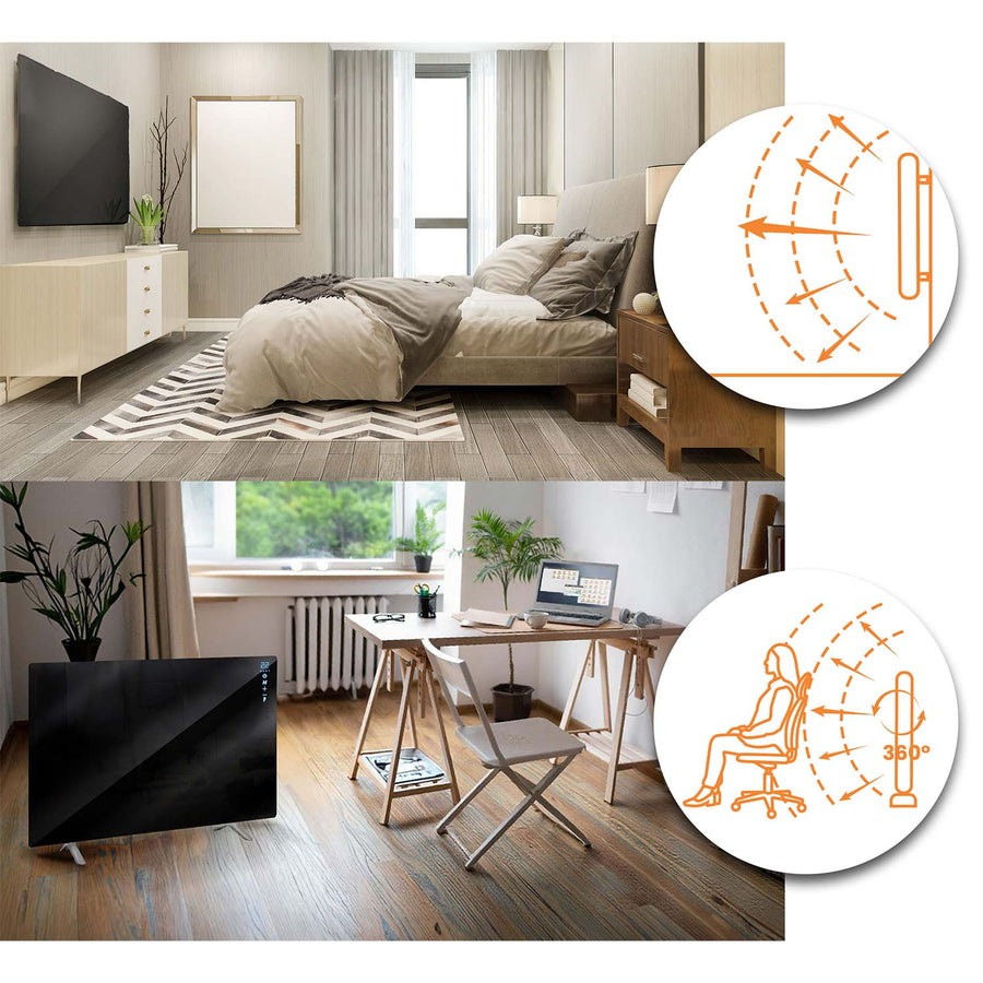 Infrarødt varmepanel 600 W med WiFi, app og fjernbetjening, glasfront, touchstyring og timer – sort