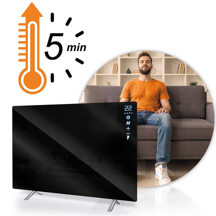 Infrarødt varmepanel 600 W med WiFi, app og fjernbetjening, glasfront, touchstyring og timer – sort