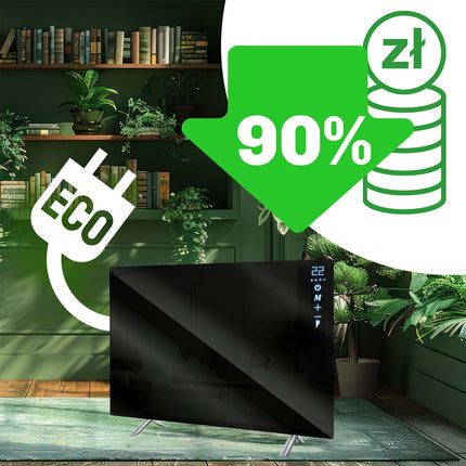 Infrarødt varmepanel 600 W med WiFi, app og fjernbetjening, glasfront, touchstyring og timer – sort