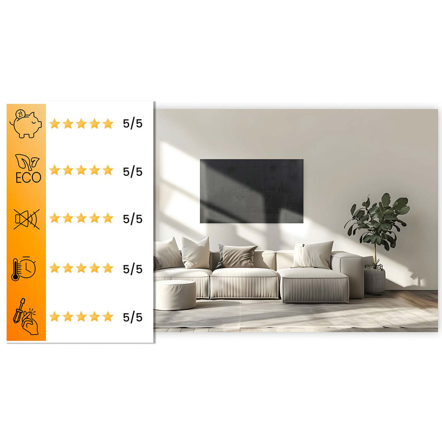 Infrarødt varmepanel 600 W med WiFi, app og fjernbetjening, glasfront, touchstyring og timer – sort