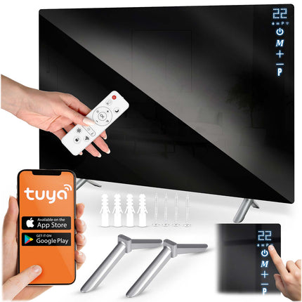 Infrarødt varmepanel 600 W med WiFi, app og fjernbetjening, glasfront, touchstyring og timer – sort