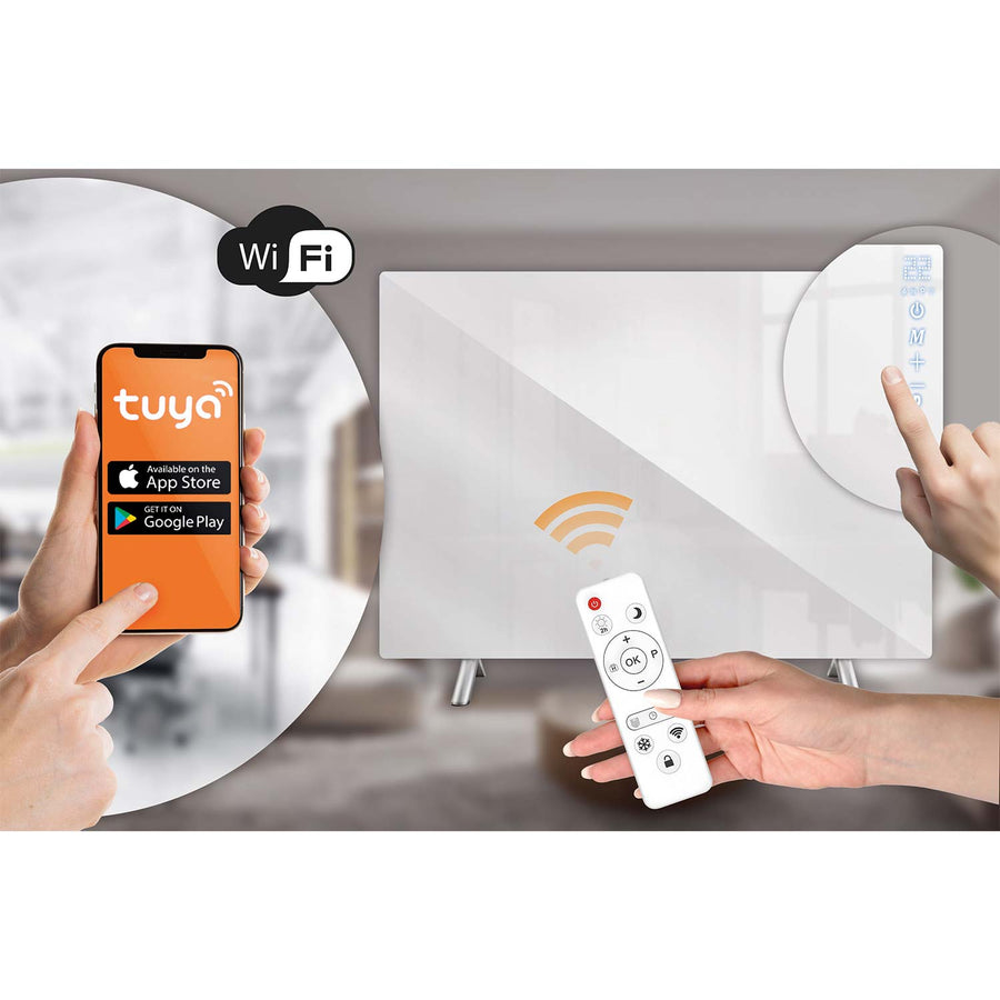 Infrarødt varmepanel 600 W med WiFi, app og fjernbetjening, glasfront, touchstyring og timer – hvid
