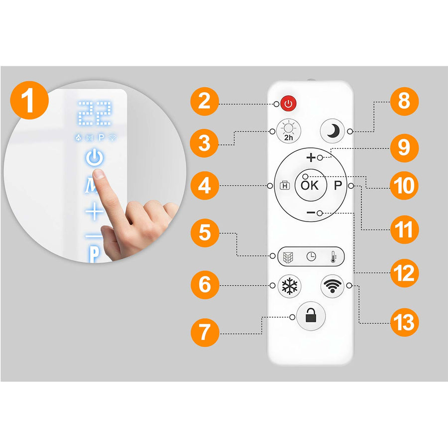 Infrarødt varmepanel 600 W med WiFi, app og fjernbetjening, glasfront, touchstyring og timer – hvid