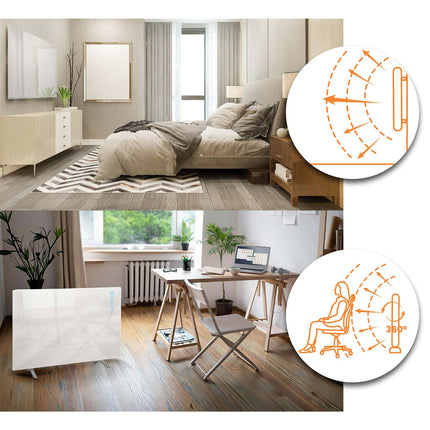 Infrarødt varmepanel 600 W med WiFi, app og fjernbetjening, glasfront, touchstyring og timer – hvid