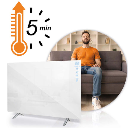 Infrarødt varmepanel 600 W med WiFi, app og fjernbetjening, glasfront, touchstyring og timer – hvid