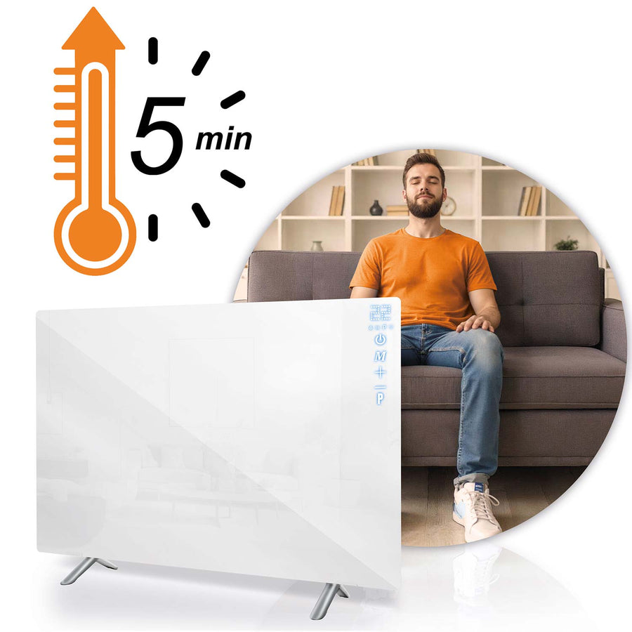 Infrarødt varmepanel 600 W med WiFi, app og fjernbetjening, glasfront, touchstyring og timer – hvid