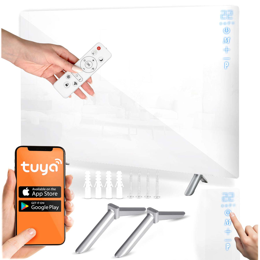 Infrarødt varmepanel 600 W med WiFi, app og fjernbetjening, glasfront, touchstyring og timer – hvid