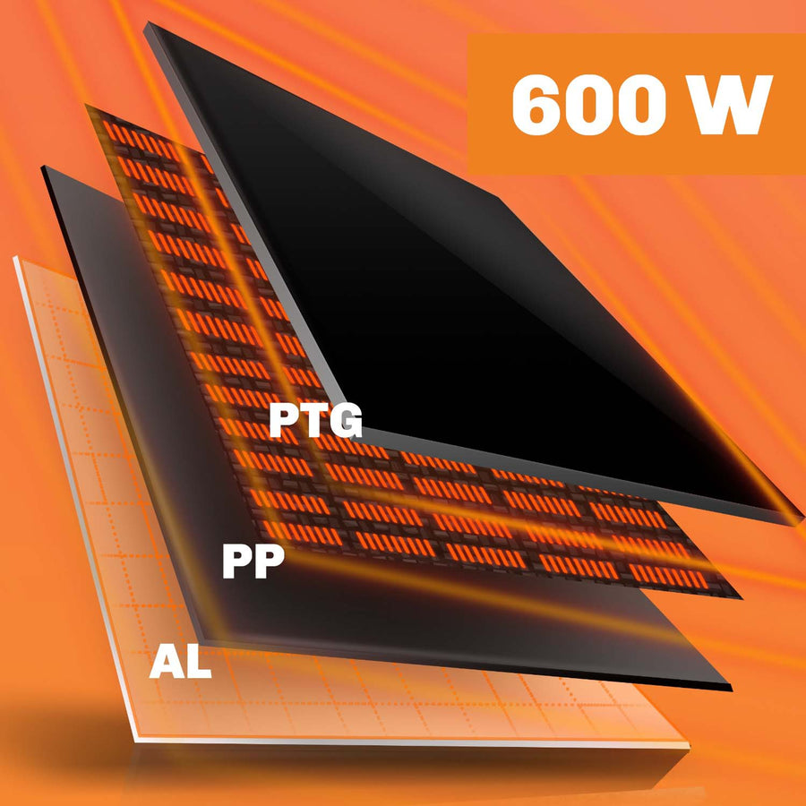 Infrarødt varmepanel 600 W i sort med WiFi, app, fjernbetjening og touchpanel – timer