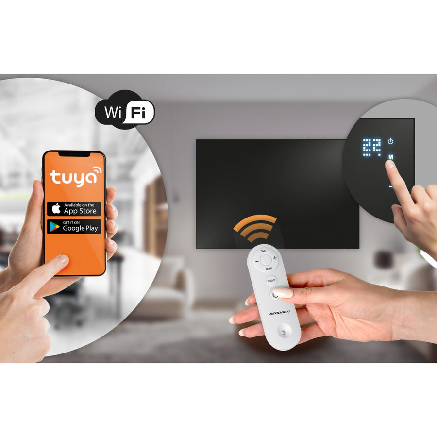 Infrarødt varmepanel 600 W i sort med WiFi, app, fjernbetjening og touchpanel – timer
