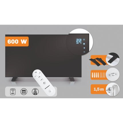 Infrarødt varmepanel 600 W i sort med WiFi, app, fjernbetjening og touchpanel – timer