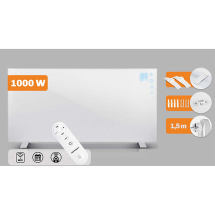 Infrarødt varmepanel 1000 W med WiFi, app, fjernbetjening og touchpanel, 3-i-1 montering – hvid