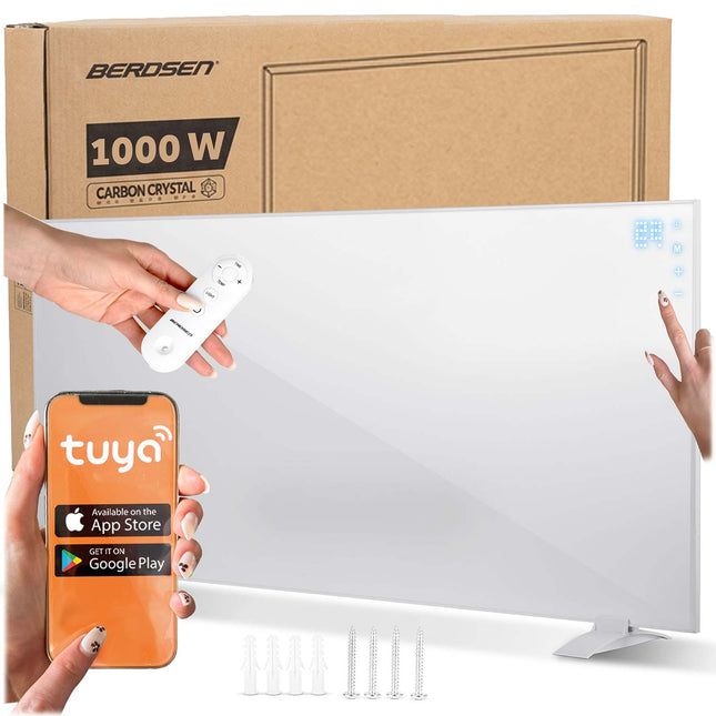 Infrarødt varmepanel 1000 W med WiFi, app, fjernbetjening og touchpanel, 3-i-1 montering – hvid