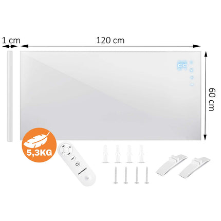 Infrarødt varmepanel 1000 W med WiFi, app, fjernbetjening og touchpanel, 3-i-1 montering – hvid