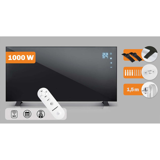 Infrarødt varmepanel 1000 W med WiFi, app, fjernbetjening og touchpanel, 3-i-1 montering – sort