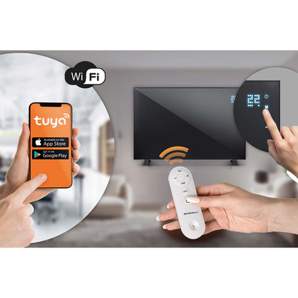 Infrarødt varmepanel 1000 W med WiFi, app, fjernbetjening og touchpanel, 3-i-1 montering – sort
