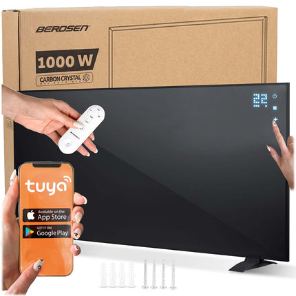Infrarødt varmepanel 1000 W med WiFi, app, fjernbetjening og touchpanel, 3-i-1 montering – sort