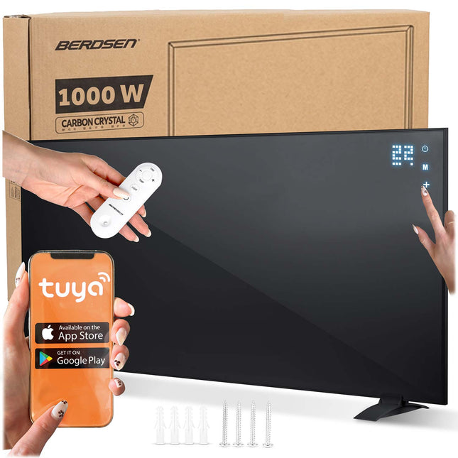 Infrarødt varmepanel 1000 W med WiFi, app, fjernbetjening og touchpanel, 3-i-1 montering – sort