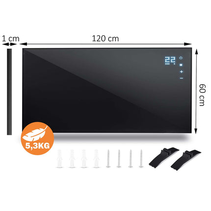 Infrarødt varmepanel 1000 W med WiFi, app, fjernbetjening og touchpanel, 3-i-1 montering – sort