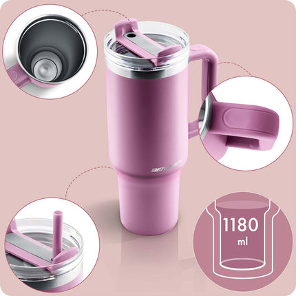 Termokop 1180 ml med sugerør, håndtag og 3-i-1 låg – rosa