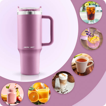 Termokop 1180 ml med sugerør, håndtag og 3-i-1 låg – rosa