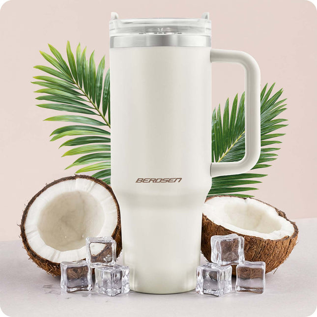 Termokop 1180 ml med sugerør, håndtag og 3-i-1 låg – creme