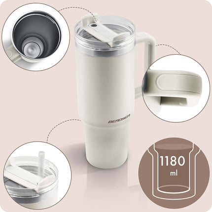 Termokop 1180 ml med sugerør, håndtag og 3-i-1 låg – creme