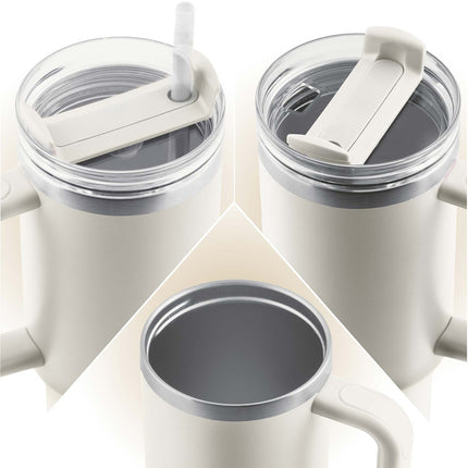 Termokop 1180 ml med sugerør, håndtag og 3-i-1 låg – creme