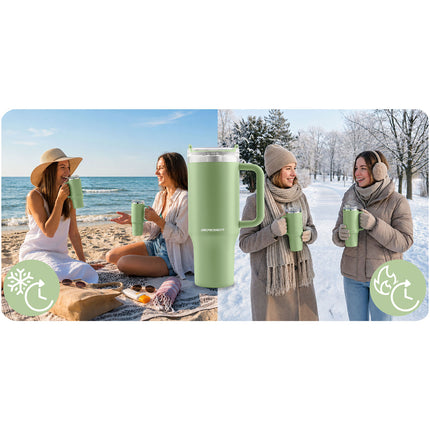 Termokop 1180 ml med sugerør, håndtag og 3-i-1 låg – grøn