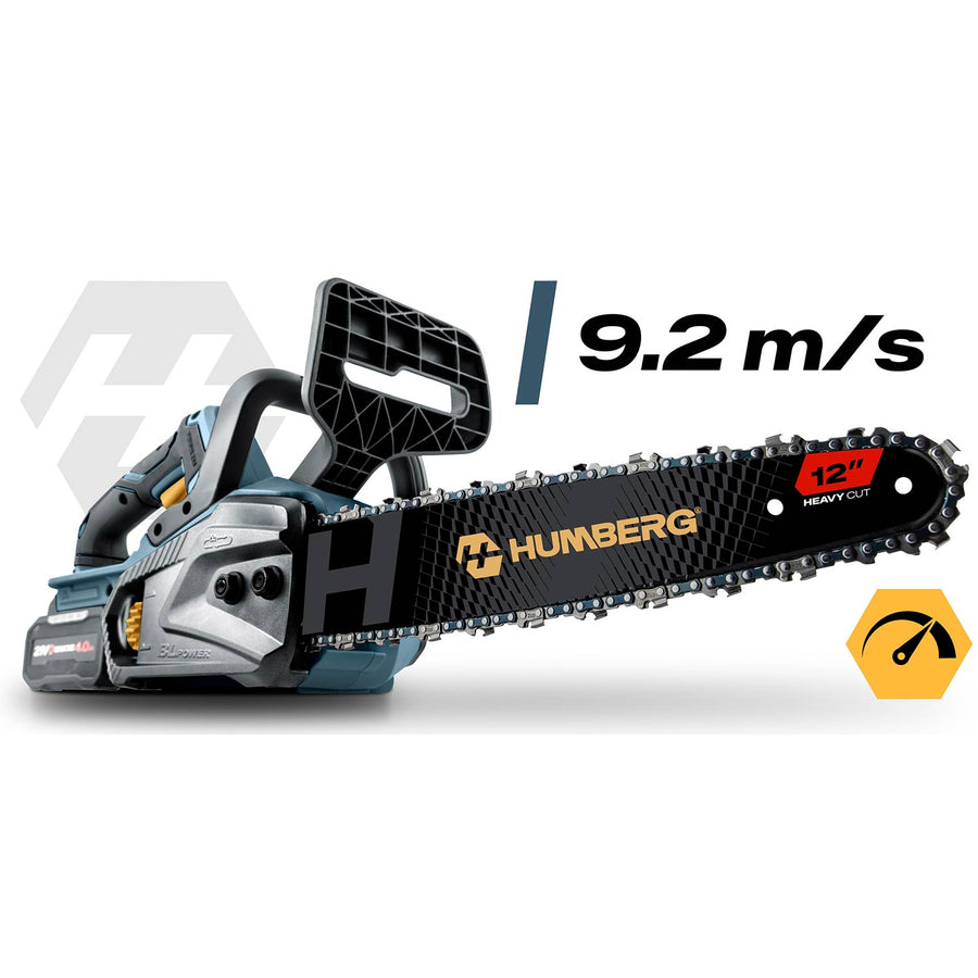 Akku-kædesav 12" med børsteløs motor, 2 x 4 Ah-batterier, 2 kæder og 2 sværd