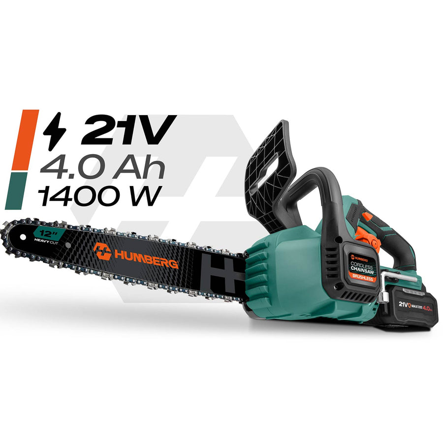 Akku-kædesav 12" med børsteløs motor, 2 x 4 Ah-batterier, 2 kæder og 2 sværd