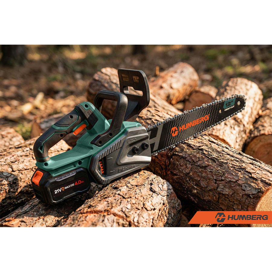 Akku-kædesav 12" med børsteløs motor, 2 x 4 Ah-batterier, 2 kæder og 2 sværd