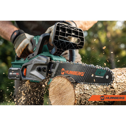 Akku-kædesav 12" med børsteløs motor, 2 x 4 Ah-batterier, 2 kæder og 2 sværd