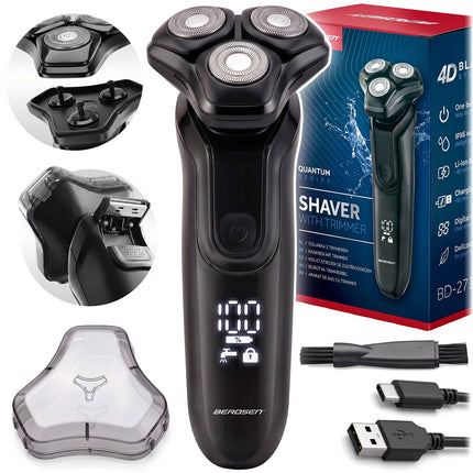 Roterende barbermaskine med 3 hoveder, pop-up trimmer og LED-display – vandtæt IPX6
